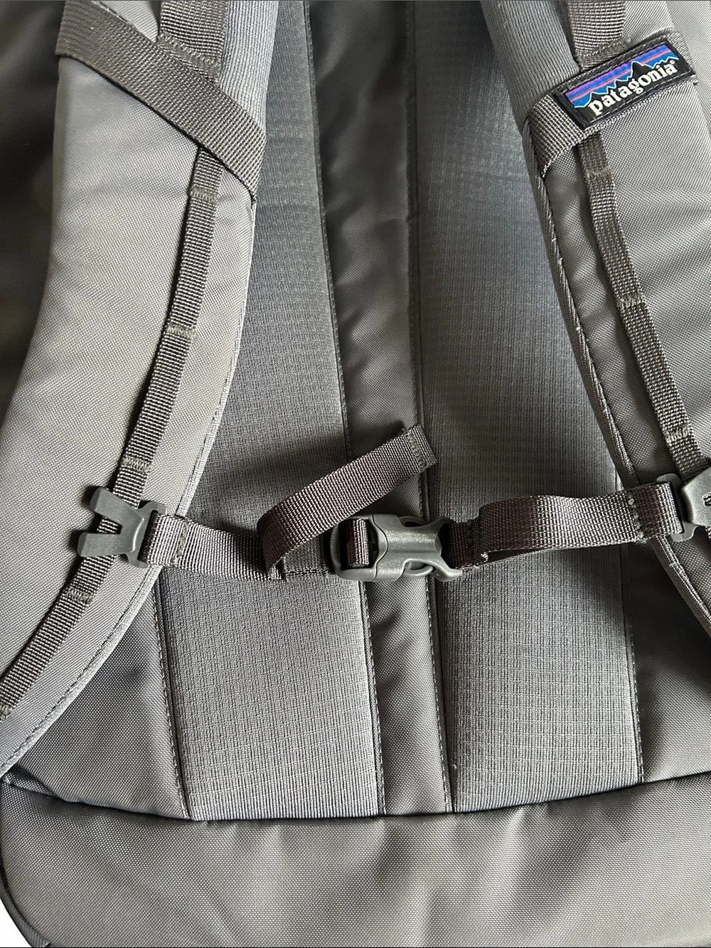 Patagonia Gray Backpack with Yellow Bungee Accents